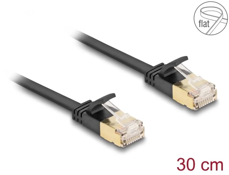 RJ45 Network Cable Cat.6A plug to plug with robust latch and Cat.7 raw flat cable U/FTP 0.3 m black von Delock in Schwarz – Produktfoto