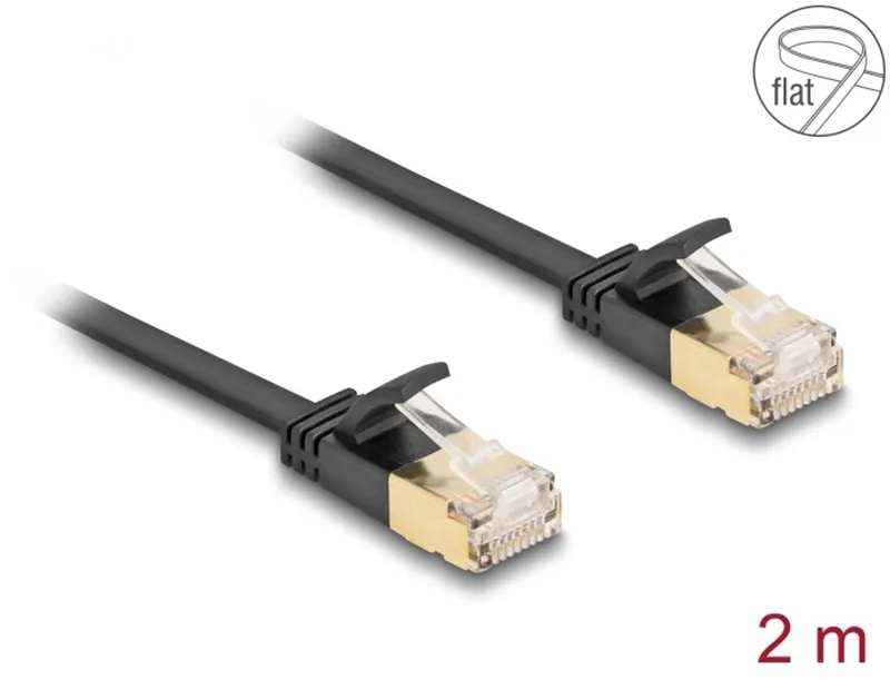RJ45 Network Cable Cat.6A plug to plug with robust latch and Cat.7 raw flat cable U/FTP 2 m black fra Delock i Sort – produktbillede