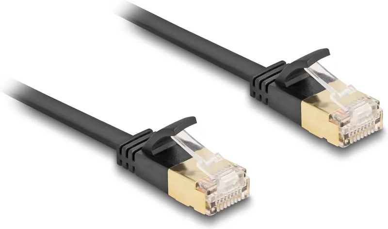 RJ45 Network Cable Cat.6A plug to plug with robust latch and Cat.7 raw flat cable U/FTP 5 m black by Delock in Black – product photo
