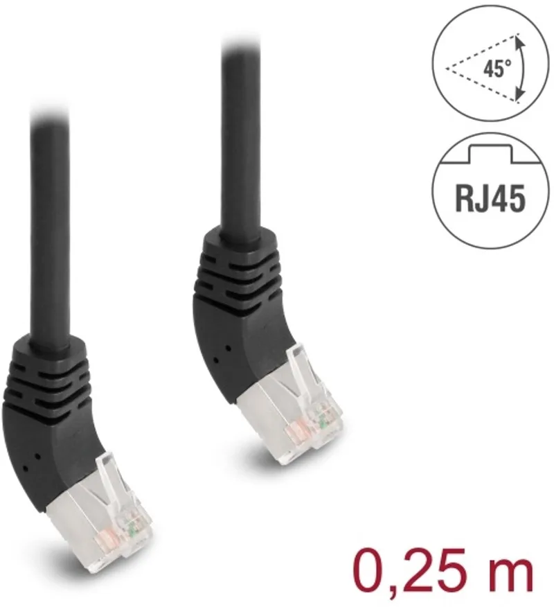 RJ45 Network Cable Cat.6A S/FTP 45° upwards angled 0.25 m black von Delock in Schwarz – Produktfoto