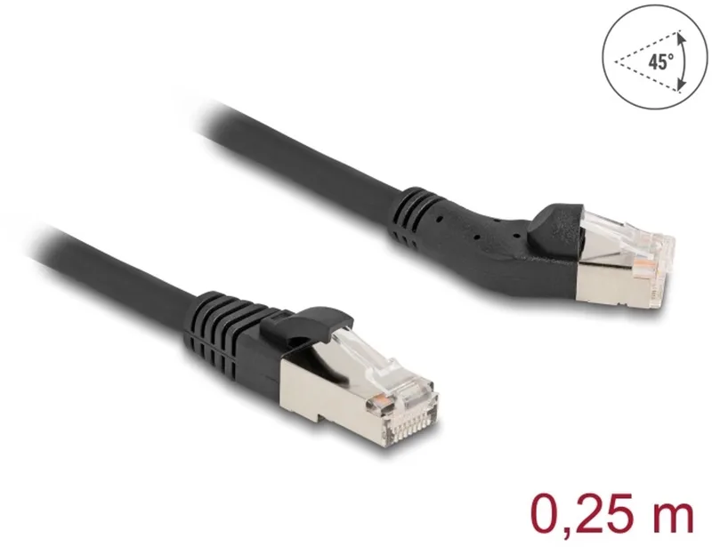RJ45 Network Cable Cat.6A S/FTP plug 45° left angled to plug straight 0.25 m black från Delock i Svart – produktbild
