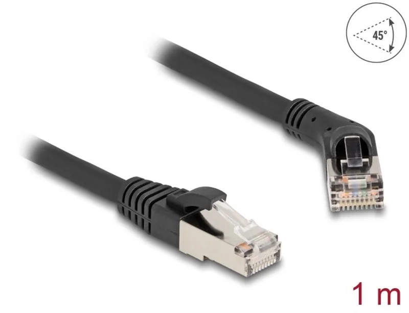 RJ45 Network Cable Cat.6A S/FTP plug 45° right angled to plug straight 1 m black von Delock in Schwarz – Produktfoto