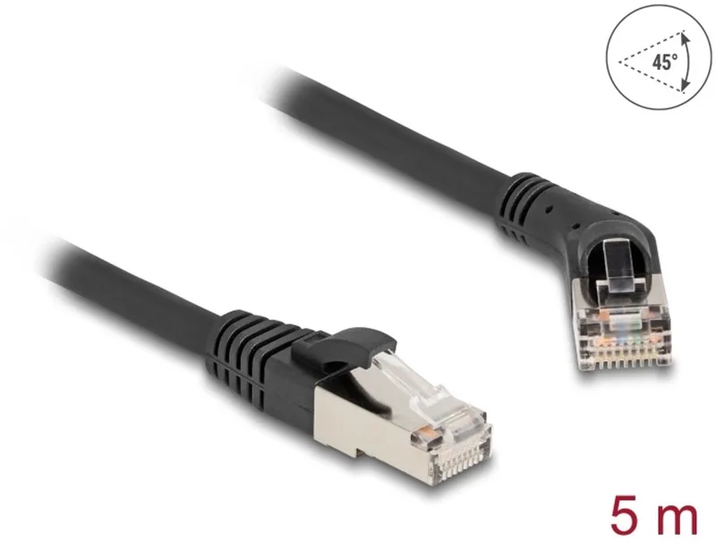 RJ45 Network Cable Cat.6A S/FTP plug 45° right angled to plug straight 5 m black von Delock in Schwarz – Produktfoto