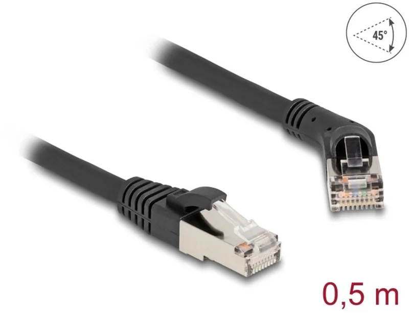 RJ45 Network Cable Cat.6A S/FTP plug 45° right angled to plug straight 0.5 m black by Delock in Black – product photo