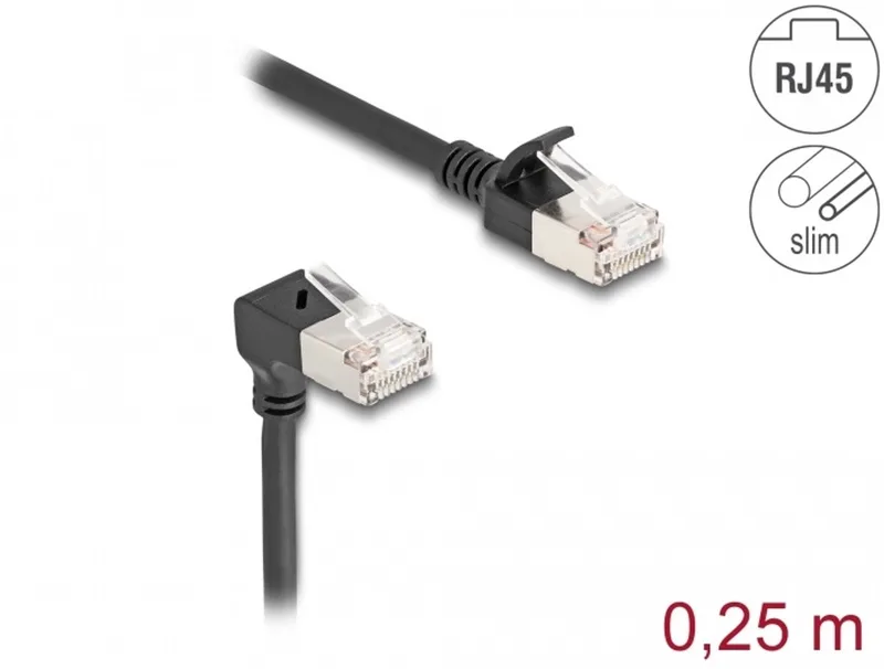 RJ45 Network Cable Cat.6A S/FTP Slim 90° downwards angled / straight 0.25 m black van Delock in Zwart – productfoto
