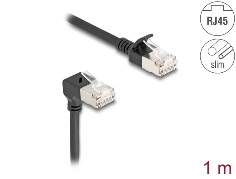 RJ45 Network Cable Cat.6A S/FTP Slim 90° downwards angled / straight 1 m black van Delock in Zwart – productfoto