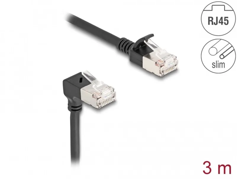 RJ45 Network Cable Cat.6A S/FTP Slim 90° downwards angled / straight 3 m black van Delock in Zwart – productfoto