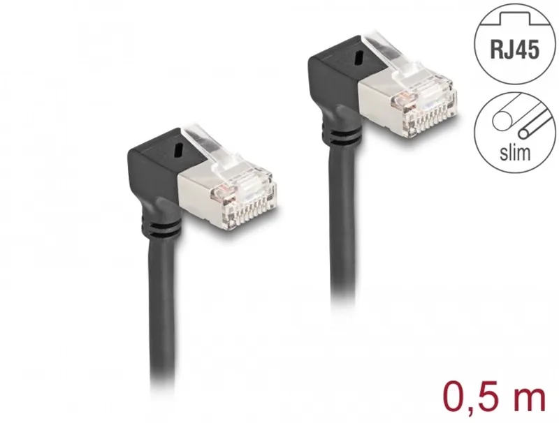 RJ45 Network Cable Cat.6A S/FTP Slim 90° downwards / downwards angled 0.5 m black van Delock in Zwart – productfoto