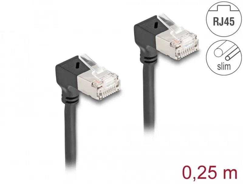 RJ45 Network Cable Cat.6A S/FTP Slim 90° downwards / downwards angled 0.25 m black van Delock in Zwart – productfoto
