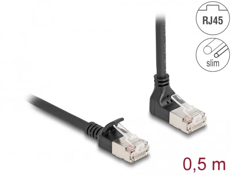 RJ45 Network Cable Cat.6A S/FTP Slim 90° upwards angled / straight 0.5 m black by Delock in Black – product photo