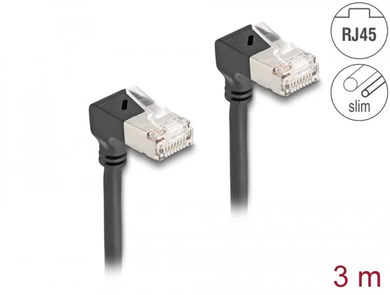 RJ45 Network Cable Cat.6A S/FTP Slim 90° upwards / downwards angled 3 m black van Delock in Zwart – productfoto