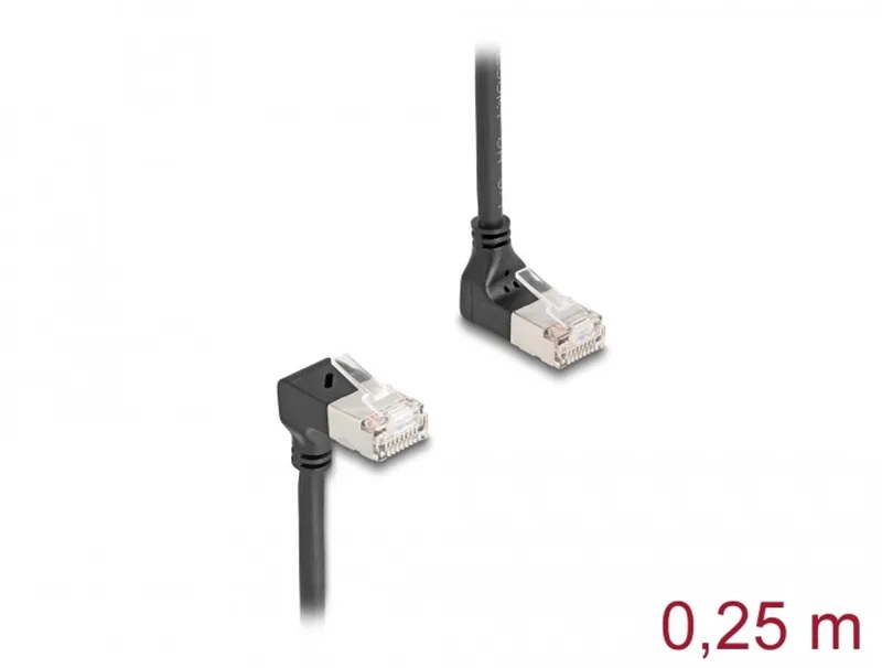 RJ45 Network Cable Cat.6A S/FTP Slim 90° upwards / downwards angled 0.25 m black van Delock in Zwart – productfoto