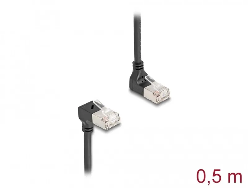 RJ45 Network Cable Cat.6A S/FTP Slim 90° upwards / downwards angled 0.5 m black by Delock in Black – product photo