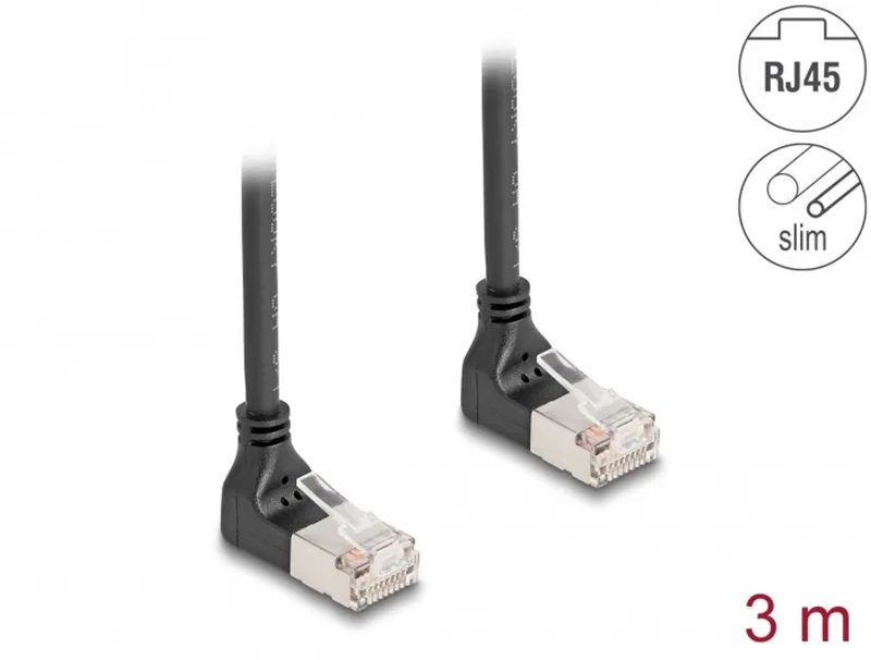 RJ45 Network Cable Cat.6A S/FTP Slim 90° upwards / upwards angled 3 m black fra Delock i Sort – produktbillede