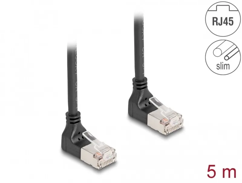 RJ45 Network Cable Cat.6A S/FTP Slim 90° upwards / upwards angled 5 m black von Delock in Schwarz – Produktfoto