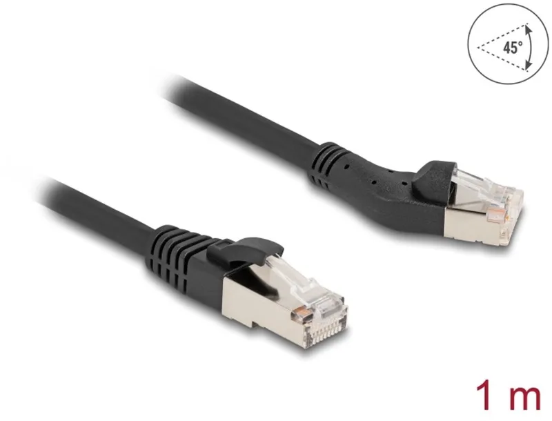 RJ45 Network Cable Cat.8.1 S/FTP plug 45° left angled to plug straight up to 40 Gbps 1 m black by Delock in Black – product photo