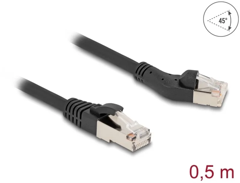 RJ45 Network Cable Cat.8.1 S/FTP plug 45° left angled to plug straight up to 40 Gbps 0.5 m black von Delock in Schwarz – Produktfoto