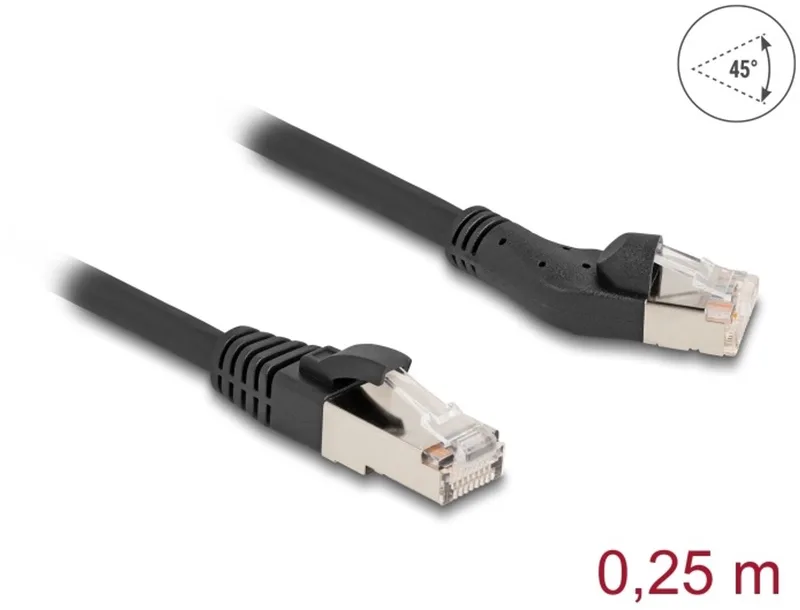 RJ45 Network Cable Cat.8.1 S/FTP plug 45° left angled to plug straight up to 40 Gbps 0.25 m black van Delock in Zwart – productfoto