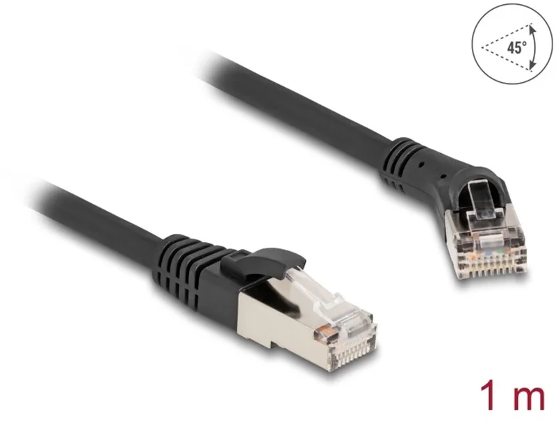 RJ45 Network Cable Cat.8.1 S/FTP plug 45° right angled to plug straight up to 40 Gbps 1 m black by Delock in Black – product photo