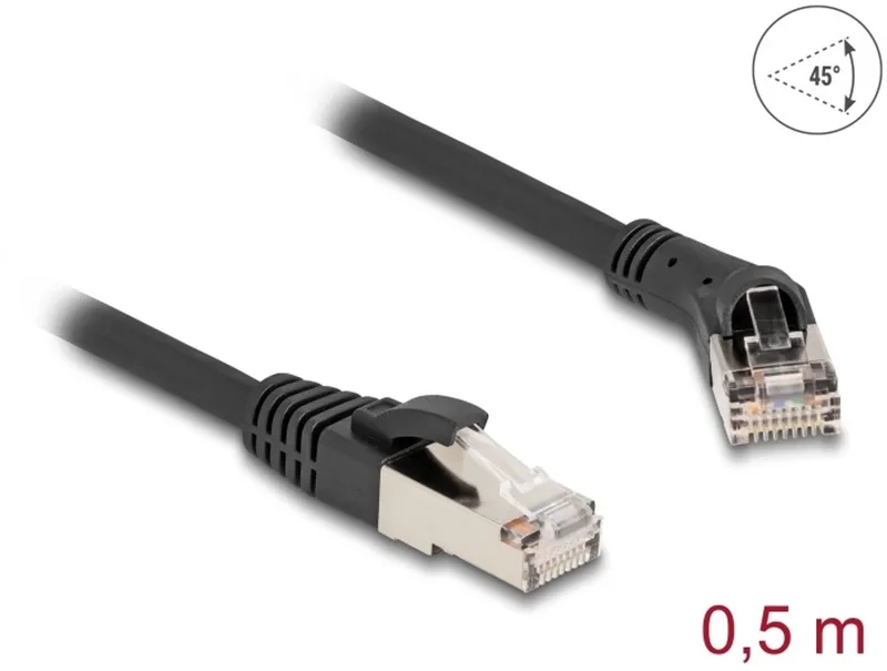 RJ45 Network Cable Cat.8.1 S/FTP plug 45° right angled to plug straight up to 40 Gbps 0.5 m black von Delock in Schwarz – Produktfoto