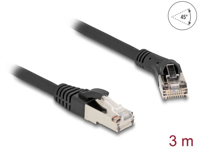 RJ45 Network Cable Cat.8.1 S/FTP plug 45° right angled to plug straight up to 40 Gbps 3 m black by Delock in Black – product photo