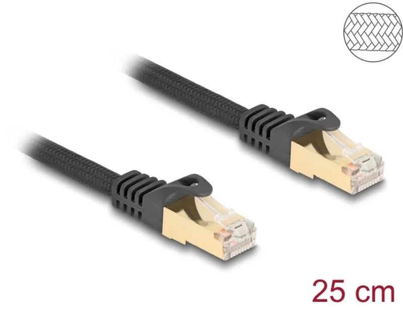 RJ45 Network Cable with braided jacket Cat.6A S/FTP plug to plug 0.25 m black fra Delock i Sort – produktbillede