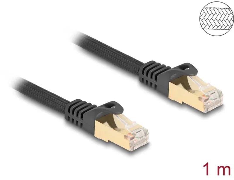 RJ45 Network Cable with braided jacket Cat.6A S/FTP plug to plug 1 m black by Delock in Black – product photo
