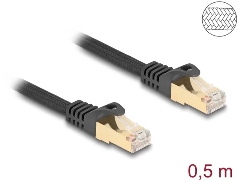 RJ45 Network Cable with braided jacket Cat.6A S/FTP plug to plug 0.5 m black van Delock in Zwart – productfoto