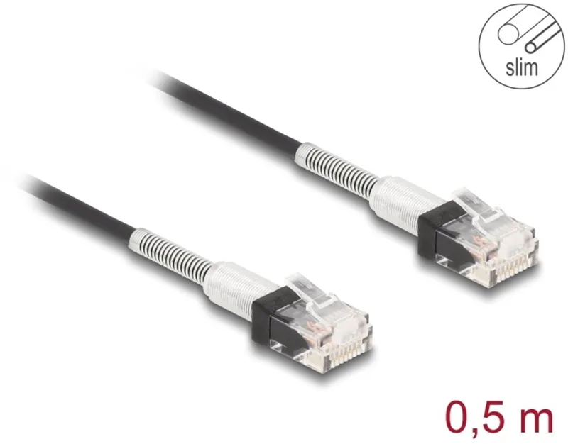 RJ45 Network Cable with double bend protection Cat.6A UTP Slim 0.5 m black von Delock in Schwarz – Produktfoto