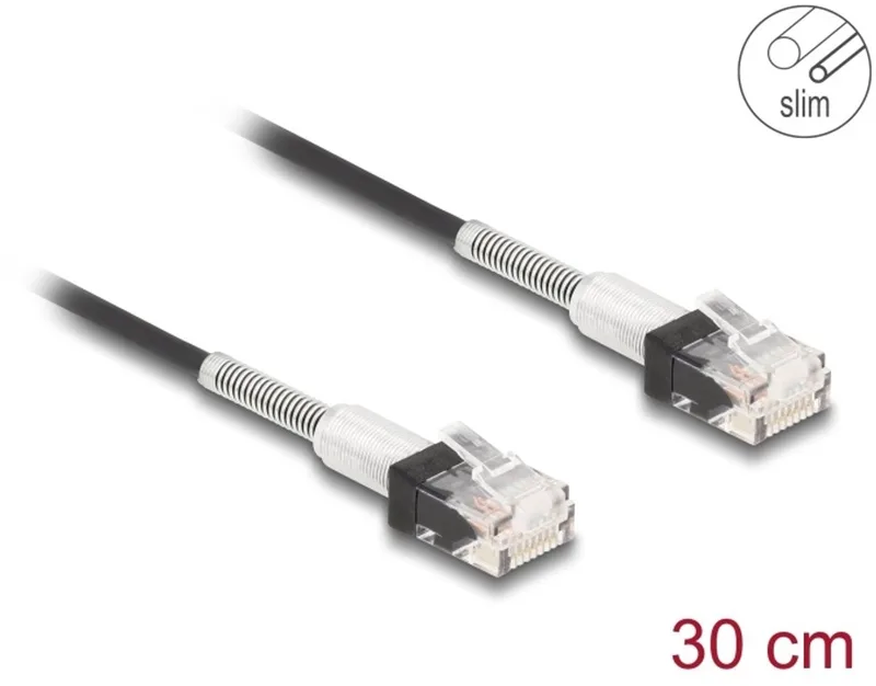 RJ45 Network Cable with double bend protection Cat.6A UTP Slim 0.3 m black de Delock en Noir – photo produit