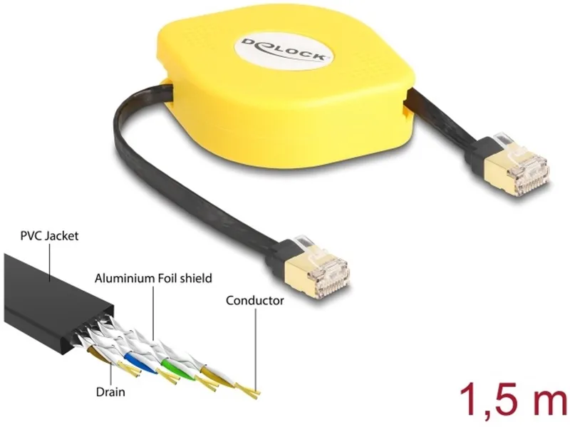 RJ45 Retractable Cable Cat.6A STP 1.5 m black / yellow från Delock i Svart, Gul – produktbild
