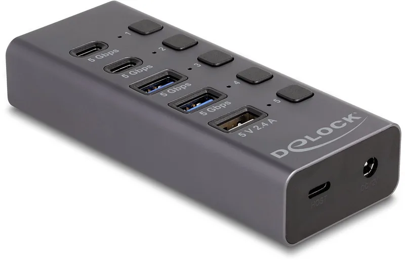 USB 5 Gbps Hub with 2 x USB Type-A and 2 x USB Type-C™ female and 1 x Fast Charging Port + Switch de Delock en Gris – photo produit