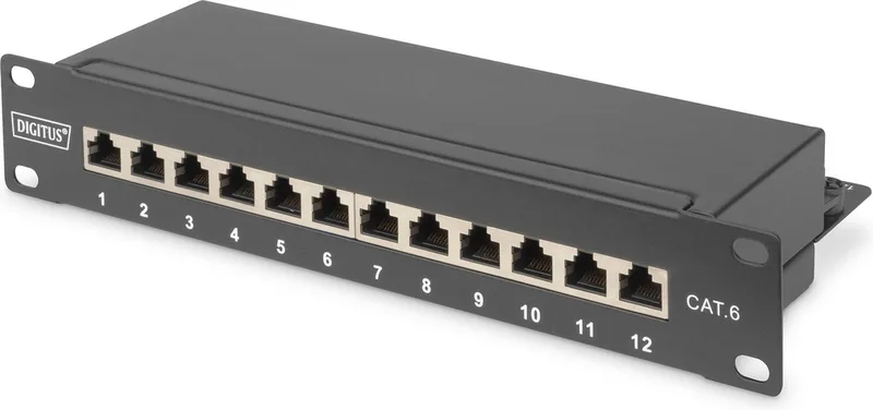 DN-91612S 12 poorten Netwerkpatchpaneel 254 mm (10) CAT 6 1 HE Ingericht van Digitus in Zwart – productfoto