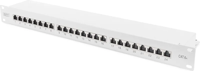 DN-91624S-EA 24 poorten Netwerkpatchpaneel 483 mm (19) CAT 6A 1 HE Grijs-wit (RAL 7035) Ingericht van Digitus in Grijs – productfoto