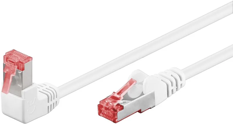 CAT 6 netwerkkabel, 3 m, 1x 90 graden haaks, S/FTP (PiMF), AWG 28/7, koperen geleider, vergulde contacten von Goobay in Weiß – Produktfoto