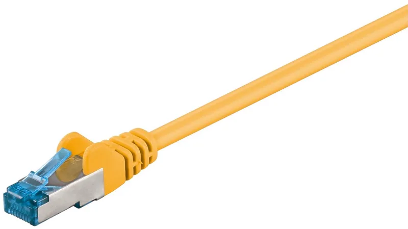 CAT 6a netwerkkabel 10 m S/FTP met kopergeleider en LSZH-mantel, RJ45-connectoren met knikbeveiliging von Goobay in Gelb – Produktfoto