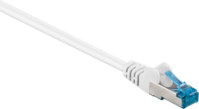 CAT 6a netwerkkabel 50 m S/FTP met kopergeleider en LSZH-mantel, RJ45-connectoren met knikbeveiliging von Goobay in Weiß – Produktfoto