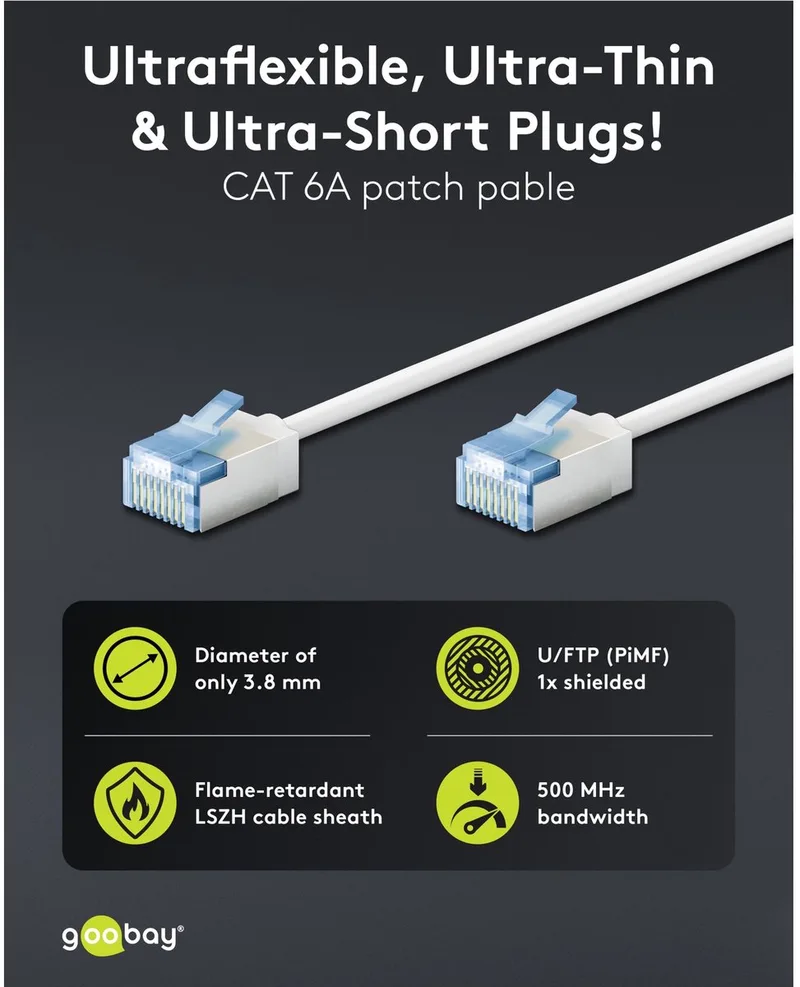 CAT 6a netwerkkabel U/FTP LSZH ultraflexibel slank met korte stekkers 7,5 m de Goobay en Blanc – photo produit