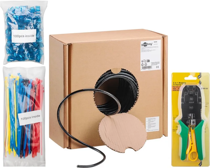 CAT 6A Outdoor netwerkkabelset 100 m, U/UTP, Koperen geleider, AWG 24/1 (solid), polyethyleen kabelmantel (PE), buitenkabel by Goobay in Black – product photo