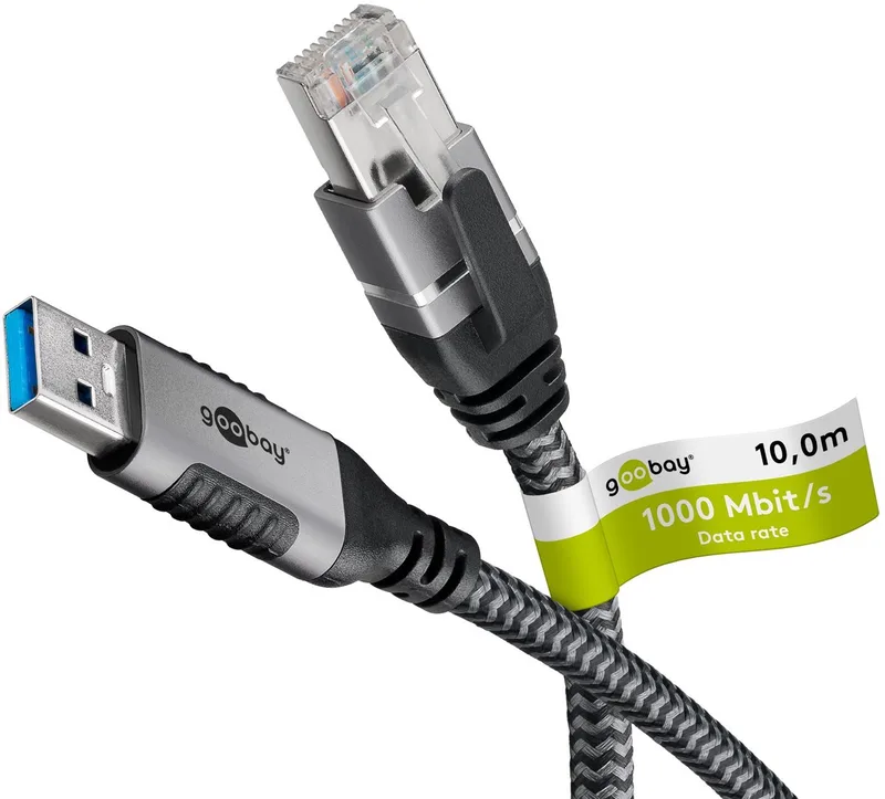 Ethernetkabel USB-A 3.0 naar RJ45 10 m, sluit router von Goobay in Schwarz – Produktfoto