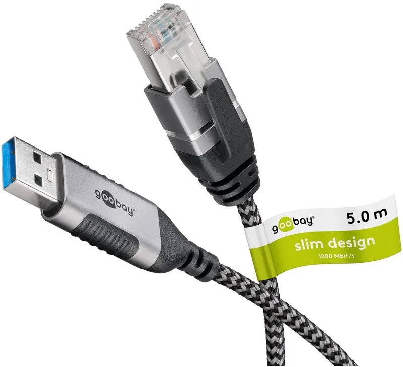 Ethernetkabel USB-A 3.0 naar RJ45 5 m, slank, CAT 6, 1 Gbit/s, Ø 3 mm, textielmantel de Goobay en Noir – photo produit