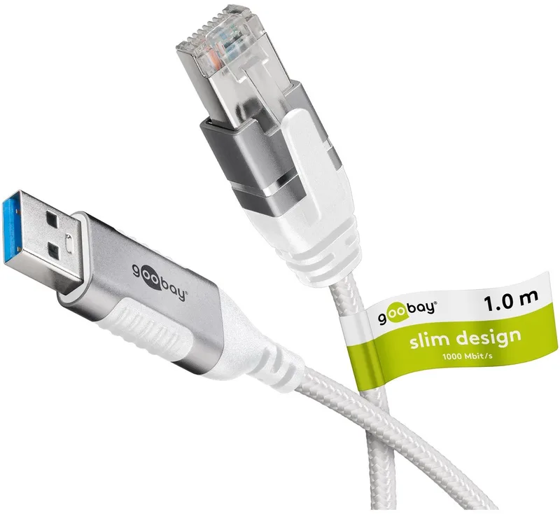 Ethernetkabel USB-A 3.0 naar RJ45 Slim, 1 m, sluit router von Goobay in Weiß – Produktfoto