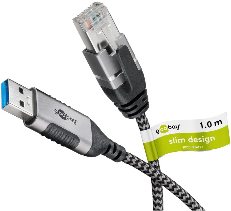 Ethernetkabel USB-A 3.0 naar RJ45 Slim, 1 m, sluit router de Goobay en Noir – photo produit