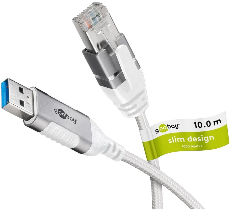 Ethernetkabel USB-A 3.0 naar RJ45 Slim, 10 m, sluit router by Goobay in White – product photo