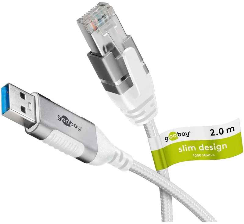 Ethernetkabel USB-A 3.0 naar RJ45, Slim, 2 m, sluit router de Goobay en Blanc – photo produit