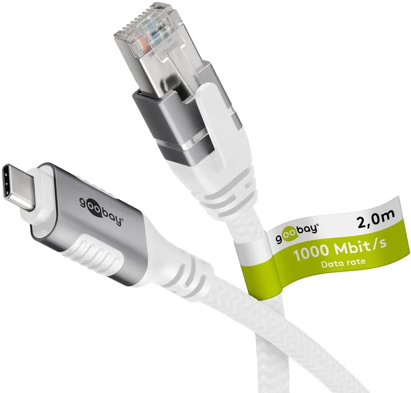 Ethernetkabel USB-C 3.1 naar RJ45, 2 m, achterwaarts compatibel met USB 2.0, sluit router från Goobay i Vit – produktbild