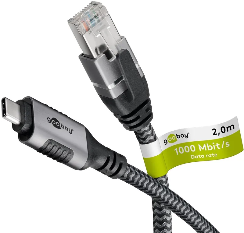 Ethernetkabel USB-C 3.1 naar RJ45, 2 m, geschikt voor Thunderbolt 3, sluit router från Goobay i Svart – produktbild