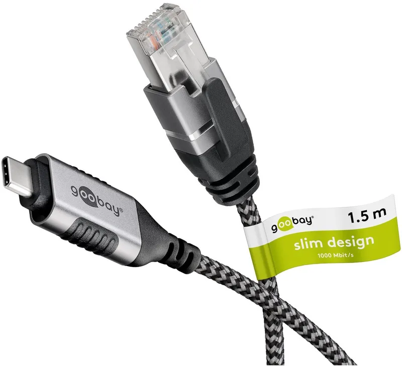 Ethernetkabel USB-C 3.1 naar RJ45 Slim, 1,5 m, sluit router från Goobay i Svart – produktbild