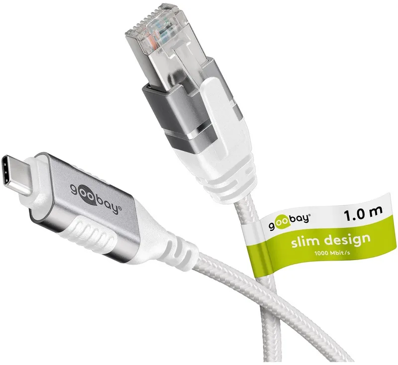 Ethernetkabel USB-C 3.1 naar RJ45 Slim, 1 m, sluit router från Goobay i Vit – produktbild