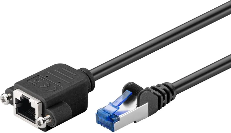 Goobay 2 m CAT 6A-netwerkverlengkabel, RJ45, S/FTP PiMF, koper, LSZH-mantel en montageflens met 25 mm gatafstand von Goobay in Schwarz – Produktfoto